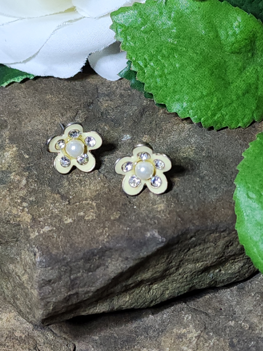 Vintage Earrings Cream And Gold Toned Enamel, Rhinestones And Faux Pearls Studs